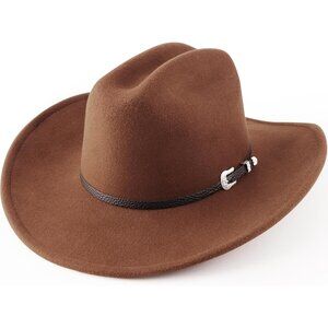 Women's Coffee Western With Brim Belt Buckle Classic Fedora Cowboy Felt Hat